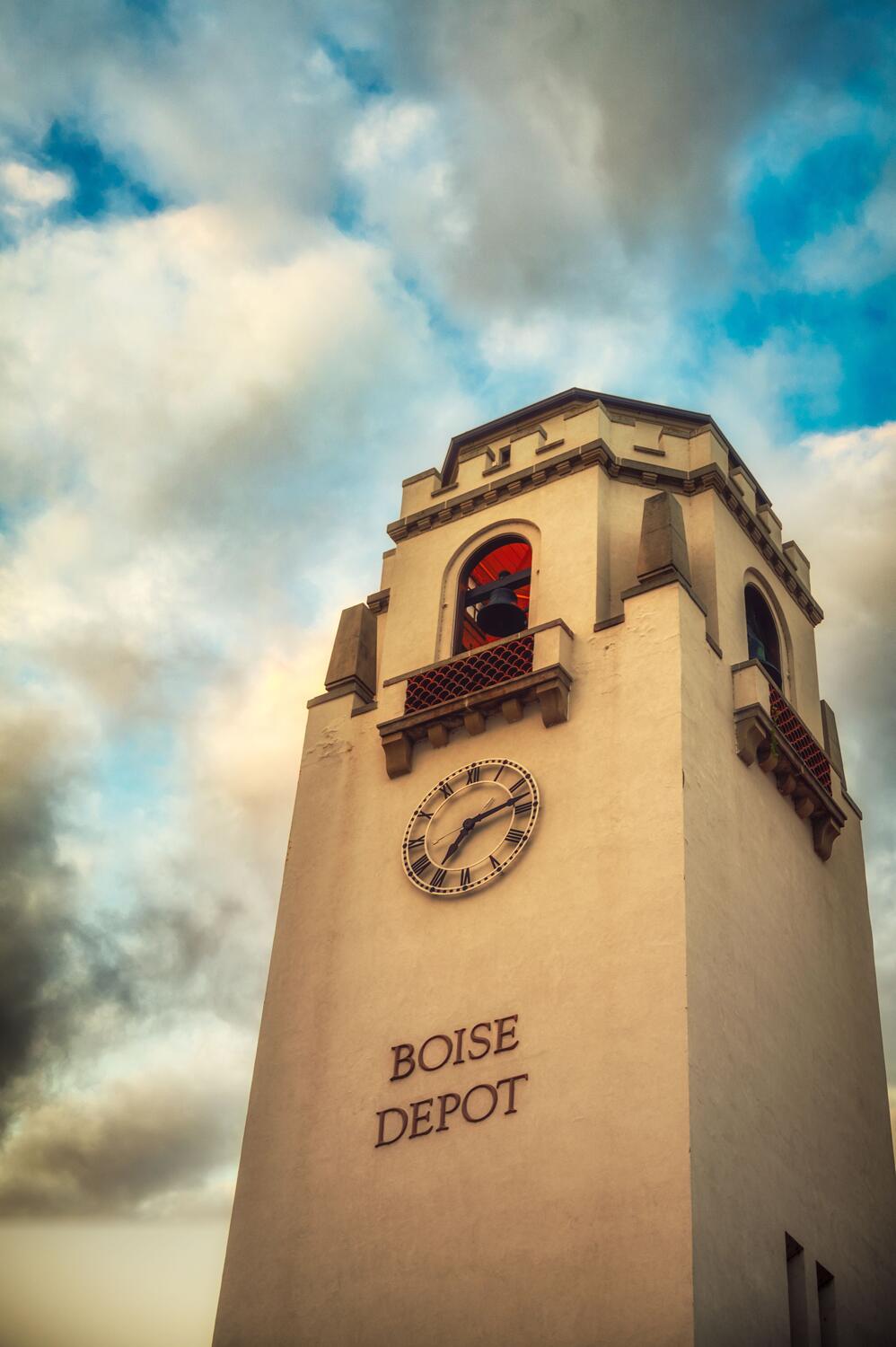 The Boise Depot clock tower against a dramatic sky
