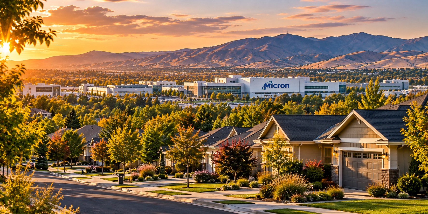 East and Southeast Boise neighborhood near the Micron campus with Boise foothills in the distance