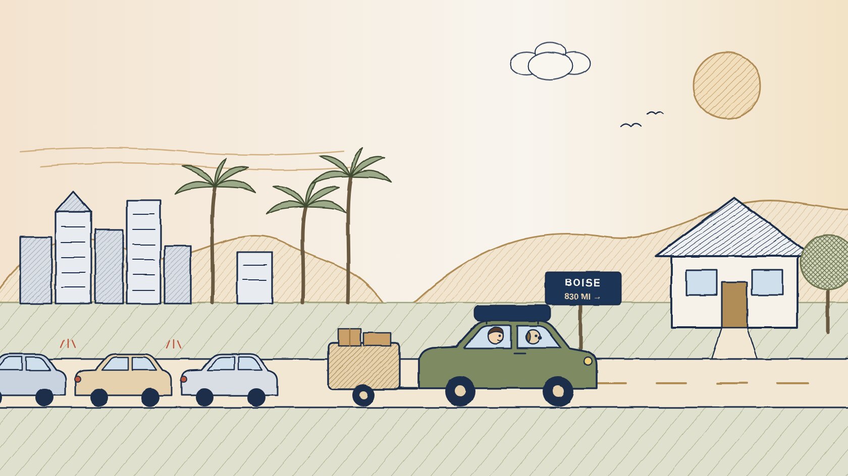 Illustration of a family car pulling a trailer of moving boxes out of Los Angeles traffic, past palm trees and a city skyline, toward a house in the Boise foothills and a road sign reading Boise 830 miles