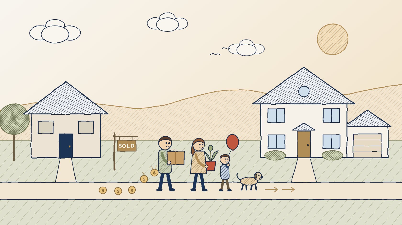 Illustration of a family walking from a smaller house with a sold sign toward a bigger two-story home, with coins dropping out of the moving box behind them