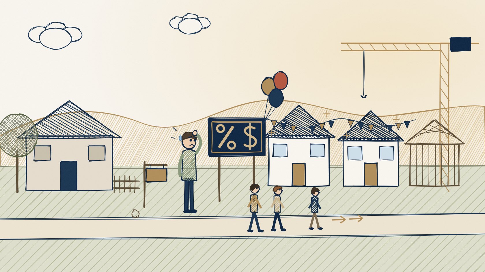 Illustration of a worried homeowner beside his for-sale sign while buyers walk past toward brand-new builder homes with balloons, an incentive billboard and a construction crane