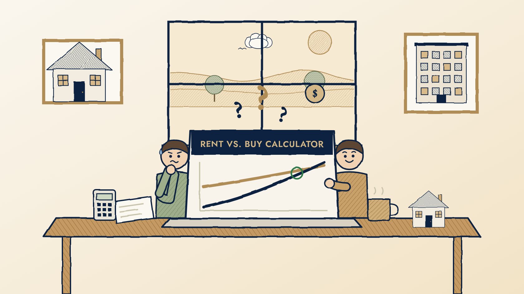 Illustration of a couple at a kitchen table looking at a rent vs. buy calculator on a laptop, with framed pictures of a house and an apartment building on the wall
