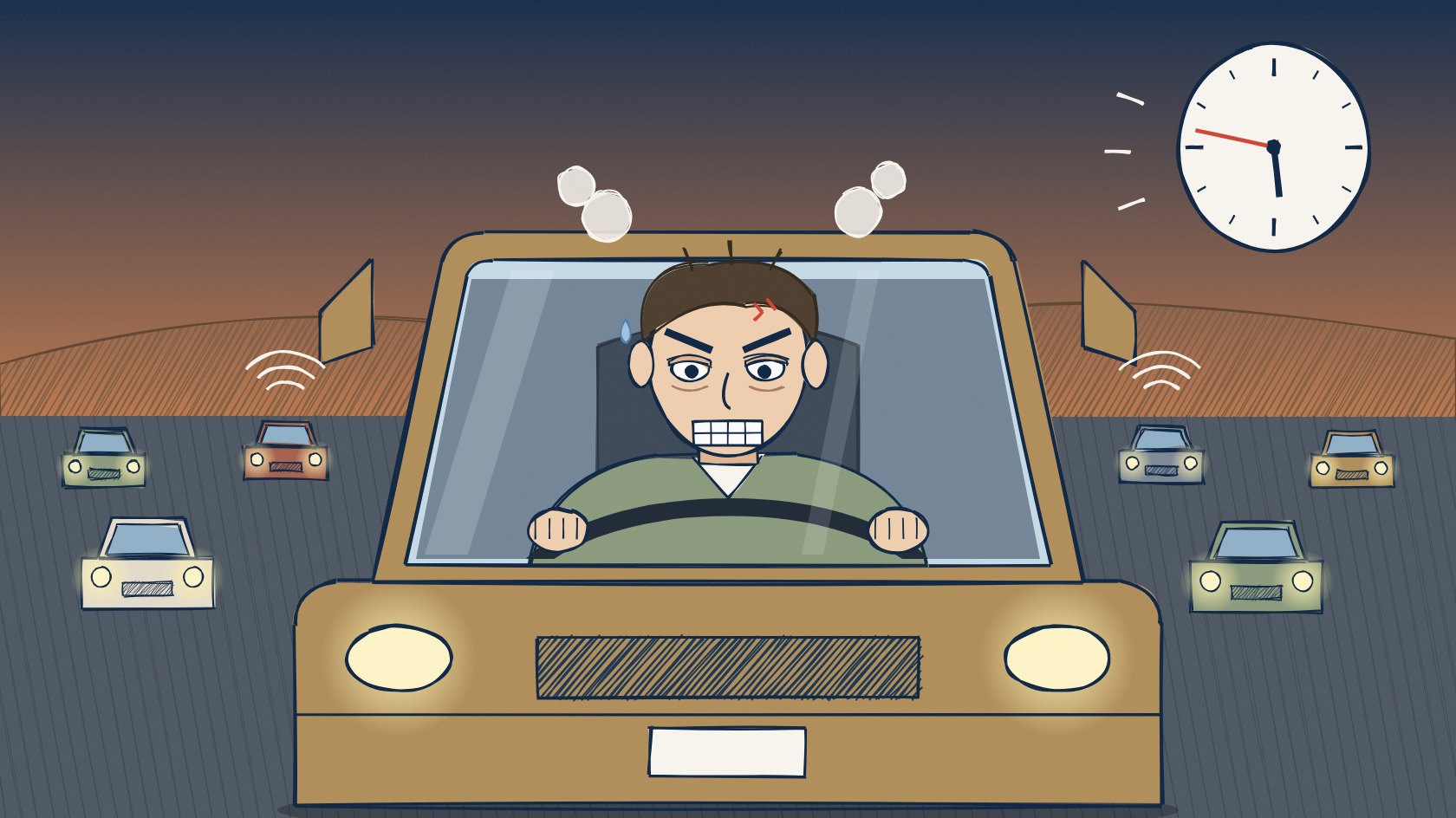Illustration of a frustrated driver gritting his teeth and gripping the steering wheel in evening rush-hour traffic, with a clock reading 5:47