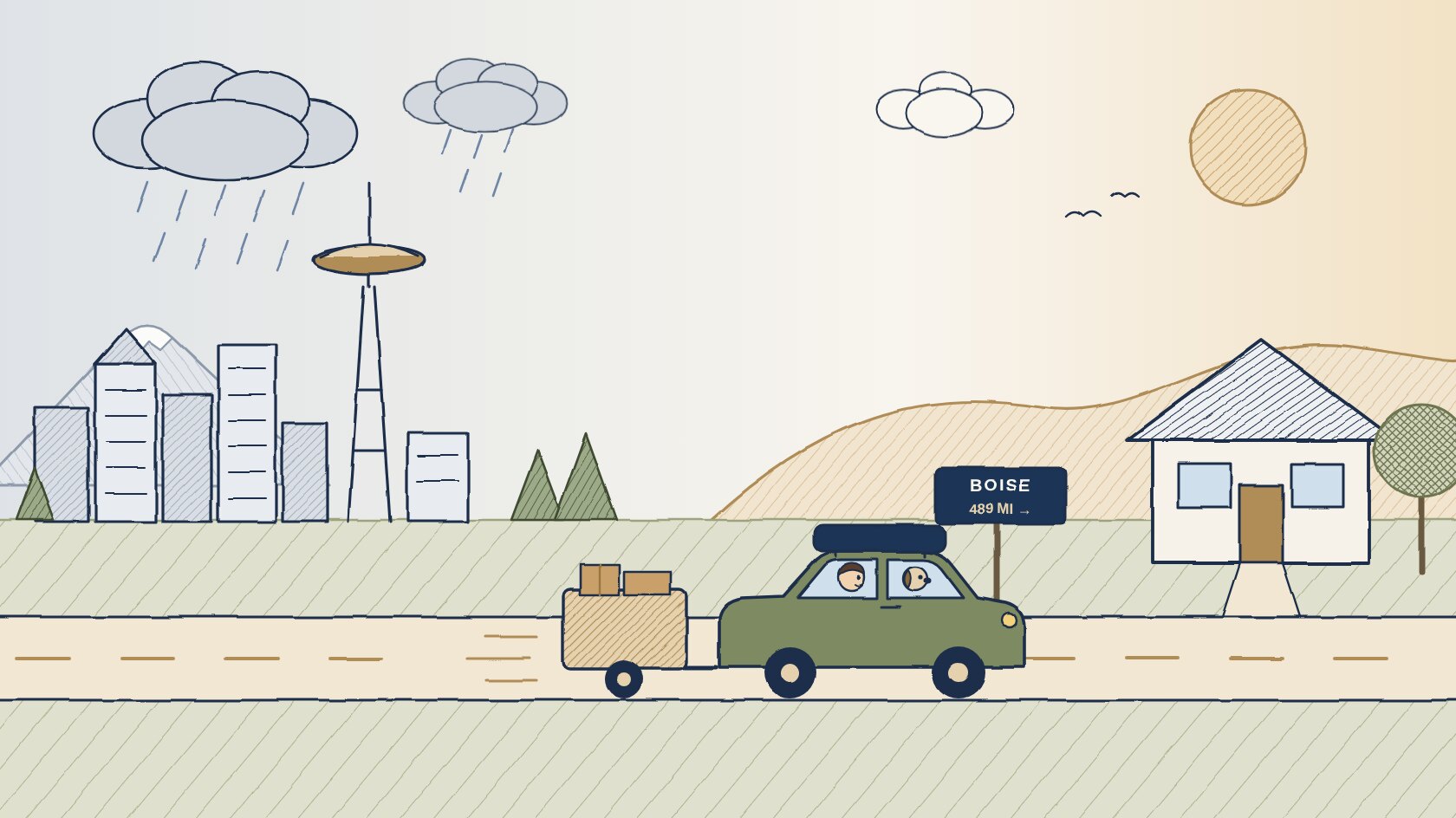 Illustration of a family car pulling a trailer of moving boxes away from a rainy Seattle skyline toward a sunny house in the Boise foothills, past a road sign reading Boise 489 miles
