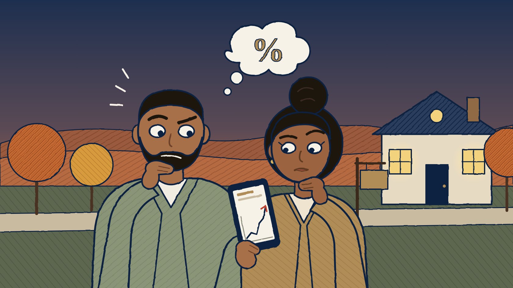 Illustration of a husband and wife studying a rising mortgage-rate chart on a phone outside a home for sale at sunset