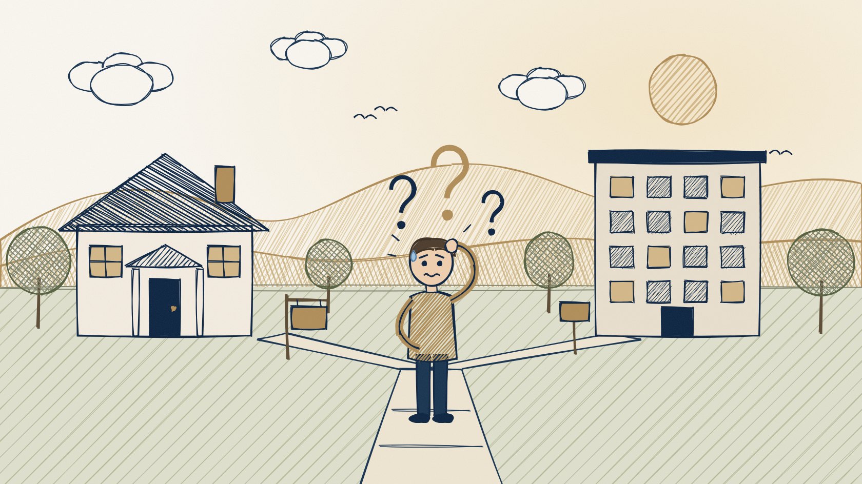Illustration of a confused person scratching their head at a fork in the sidewalk, with a house for sale on one side and an apartment building on the other